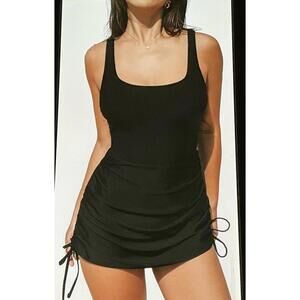 Black Women's One-Piece Swim Dress with Adjustable Straps and Side Ruching